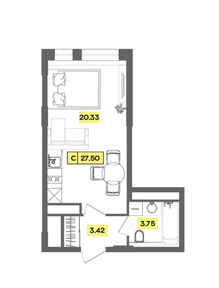Продажа квартиры-студии 27,5 м², 3 этаж