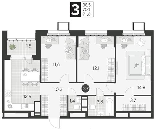 Продажа 3-комнатной квартиры 71,6 м², 18/21 этаж