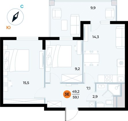 59,1 м², 2-комн. квартира, 3/6 этаж