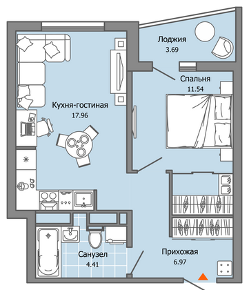 43 м², 2-комн. квартира, 11/12 этаж