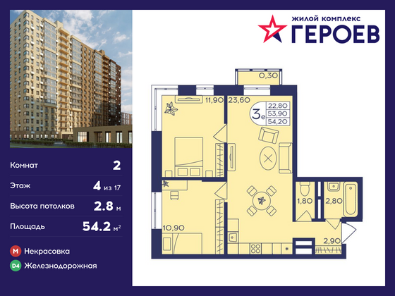 54,2 м², 2-комн. квартира, 4/17 этаж