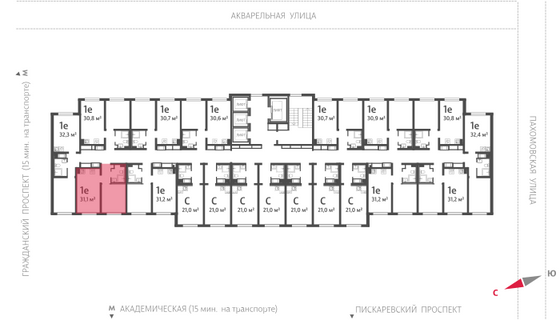 31,1 м², 1-комн. квартира, 20/25 этаж