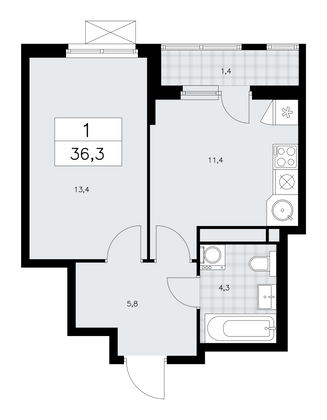 36,3 м², своб. планировка, 13/16 этаж