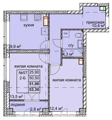 Продажа 2-комнатной квартиры 51,9 м², 14/15 этаж