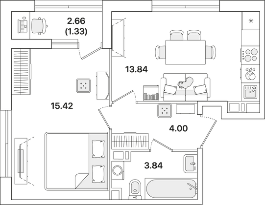 38,4 м², 1-комн. квартира, 10/12 этаж