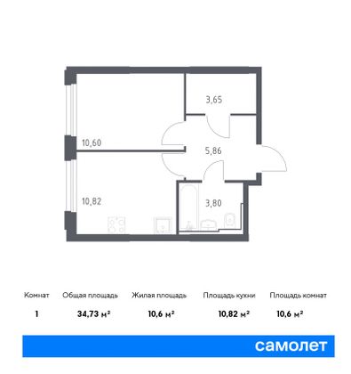 34,7 м², 1-комн. квартира, 21/30 этаж