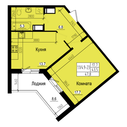 47,8 м², 1-комн. квартира, 14/23 этаж