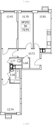 70,9 м², 3-комн. квартира, 15/17 этаж