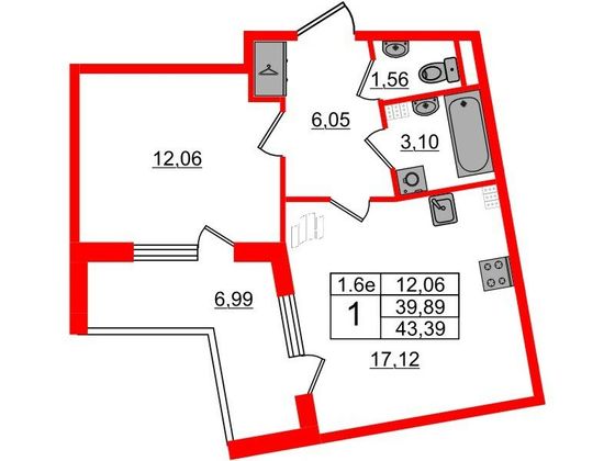 Продажа 1-комнатной квартиры 39,9 м², 5/5 этаж