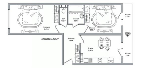 Продажа 2-комнатной квартиры 58,3 м², 5/10 этаж