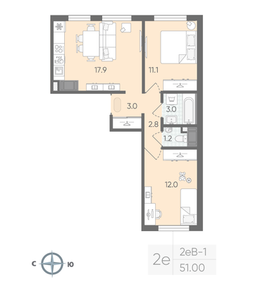 Продажа 2-комнатной квартиры 51 м², 11/22 этаж