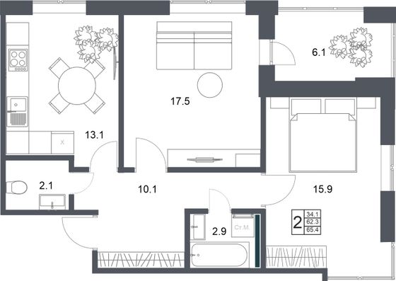 65,4 м², 2-комн. квартира, 3/20 этаж