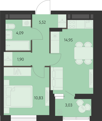 38,6 м², 1-комн. квартира, 17 этаж