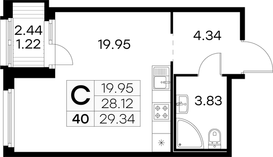 29,3 м², студия, 5/15 этаж