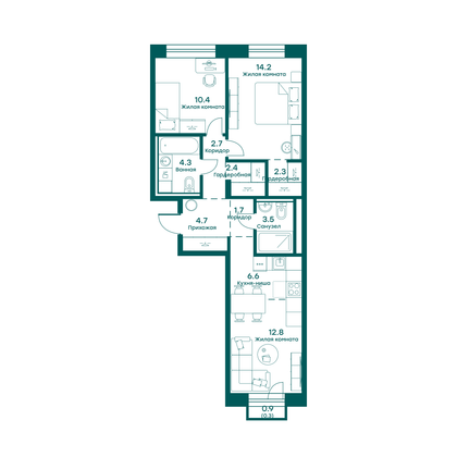 65,9 м², 3-комн. квартира, 6 этаж