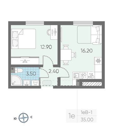 Продажа 1-комнатной квартиры 35 м², 2/16 этаж