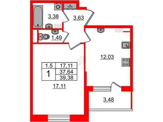 Продажа 1-комнатной квартиры 37,6 м², 5/5 этаж