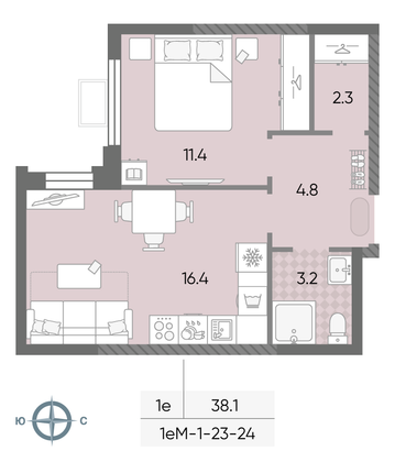 38,1 м², 1-комн. квартира, 23/24 этаж