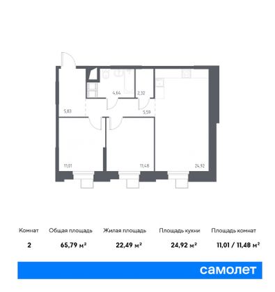 65,8 м², 2-комн. квартира, 4/23 этаж