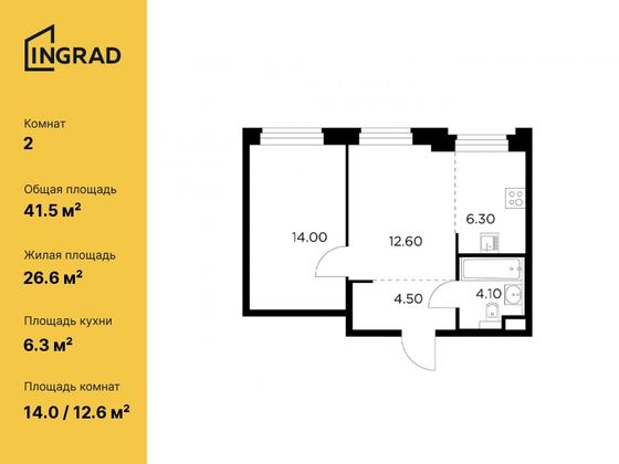 41,5 м², 2-комн. квартира, 12/20 этаж