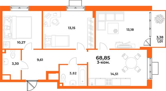 68,8 м², 3-комн. квартира, 7/10 этаж