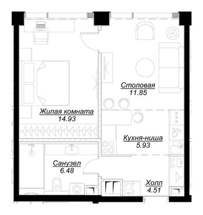 Продажа 1-комнатной квартиры 43,7 м², 33/55 этаж