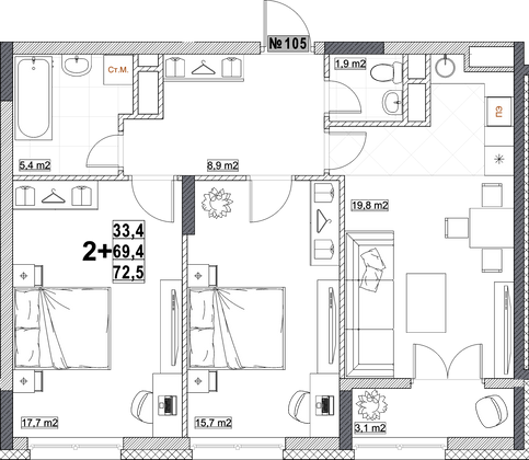 Продажа 2-комнатной квартиры 72,5 м², 13/24 этаж