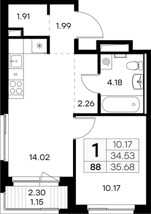 35,7 м², 1-комн. квартира, 7/9 этаж