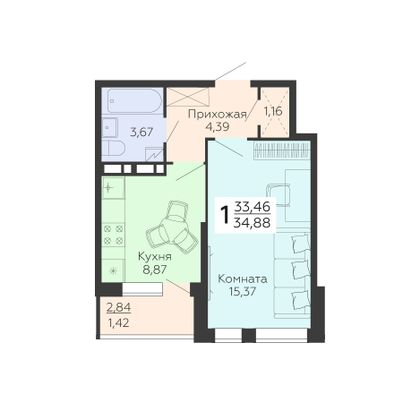 Продажа 1-комнатной квартиры 34,9 м², 3/18 этаж