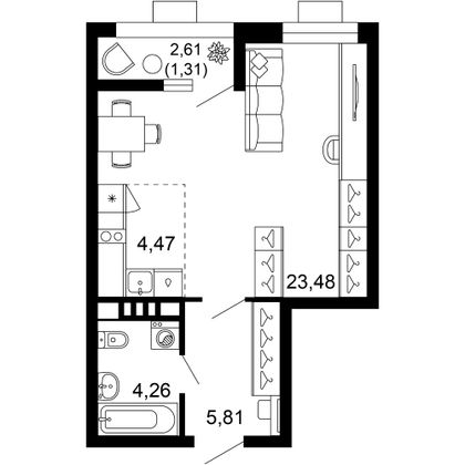 39,3 м², 1-комн. квартира, 6/10 этаж