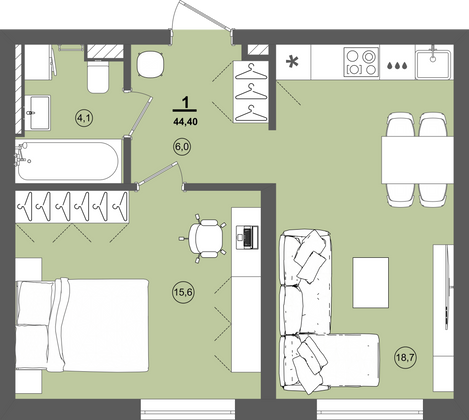 44,4 м², 1-комн. квартира, 1/9 этаж