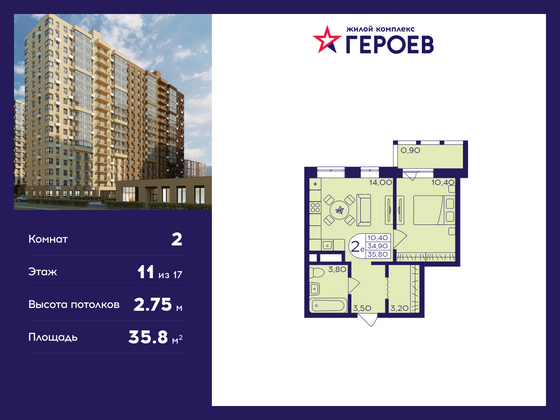 35,8 м², 2-комн. квартира, 11/17 этаж