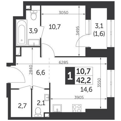 Продажа 1-комнатной квартиры 42,2 м², 6/38 этаж