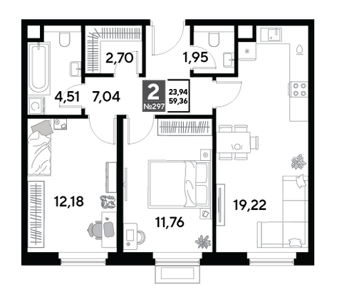 Продажа 2-комнатной квартиры 59,4 м², 2/25 этаж