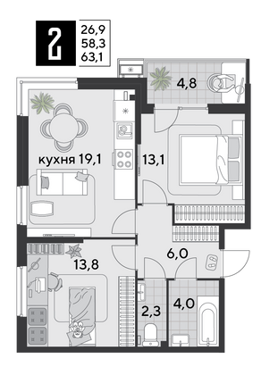 Продажа 2-комнатной квартиры 63,1 м², 2/18 этаж