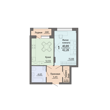 Продажа 1-комнатной квартиры 42,3 м², 2/14 этаж