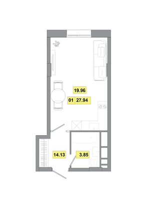 27,9 м², 1-комн. квартира, 3 этаж