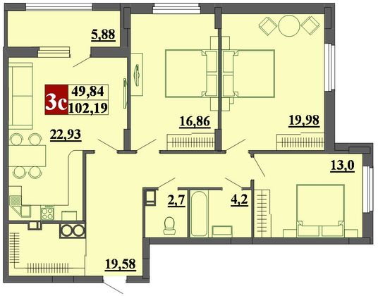 Продажа 3-комнатной квартиры 102,1 м², 3/15 этаж