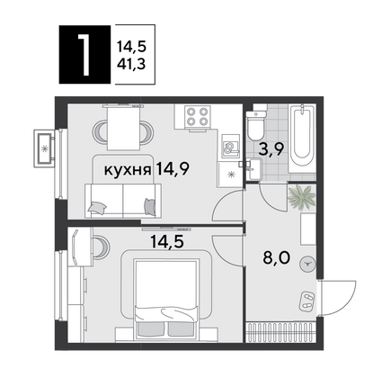 Продажа 1-комнатной квартиры 41,3 м², 2/9 этаж