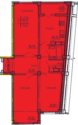 78,1 м², 3-комн. квартира, 17/18 этаж