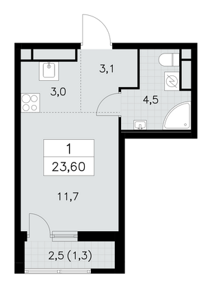 23,6 м², 1-комн. квартира, 14/30 этаж