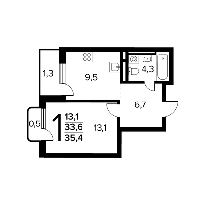 35,4 м², 1-комн. квартира, 4/14 этаж