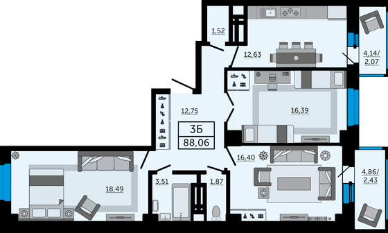 88,1 м², 3-комн. квартира, 24/26 этаж