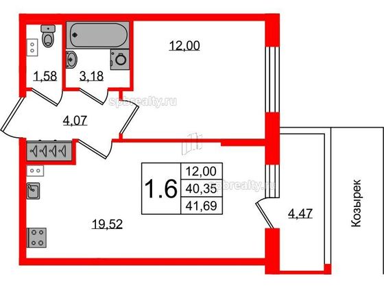 Продажа 1-комнатной квартиры 40,3 м², 2/9 этаж