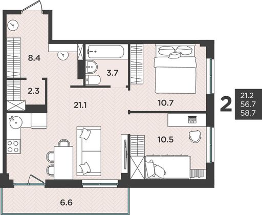 58,7 м², 3-комн. квартира, 9/12 этаж