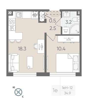 Продажа 1-комнатной квартиры 34,9 м², 2/22 этаж