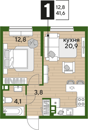Продажа 1-комнатной квартиры 41,6 м², 3/16 этаж