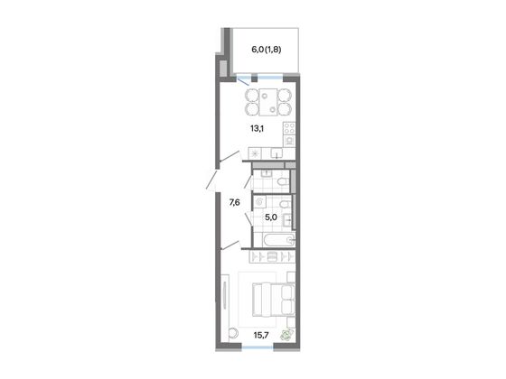 43,2 м², 1-комн. квартира, 1/4 этаж