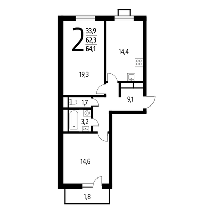 64,1 м², 2-комн. квартира, 3/14 этаж