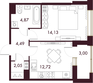 39,6 м², 1-комн. квартира, 7/8 этаж